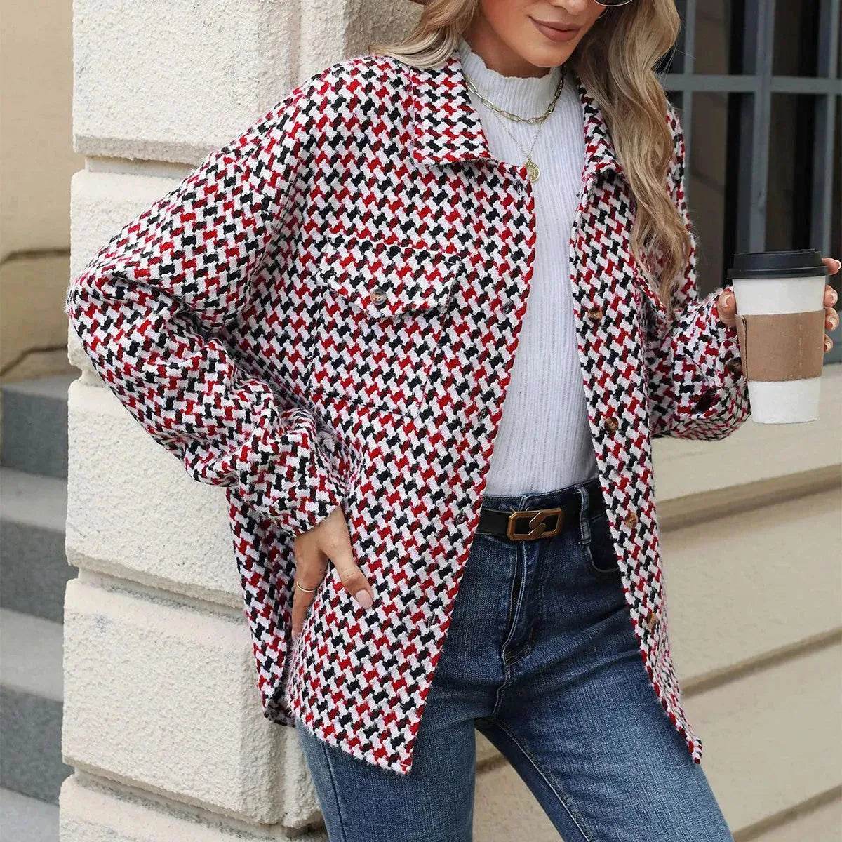 Casual Houndstooth Lapel Tweed Button long sleeve shirt tops for women - www.Shopthatapp.com
