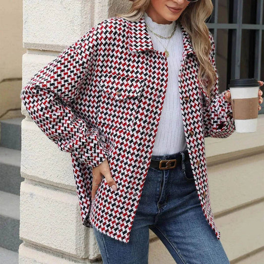 Casual Houndstooth Lapel Tweed Button long sleeve shirt tops for women - www.Shopthatapp.com