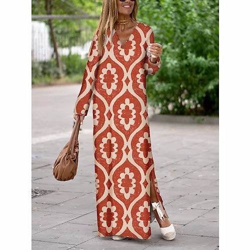 Summer Geometric Printed V-neck Long Dress Fashion Long Sleeve Slit Dresses For Women - www.Shopthatapp.com
