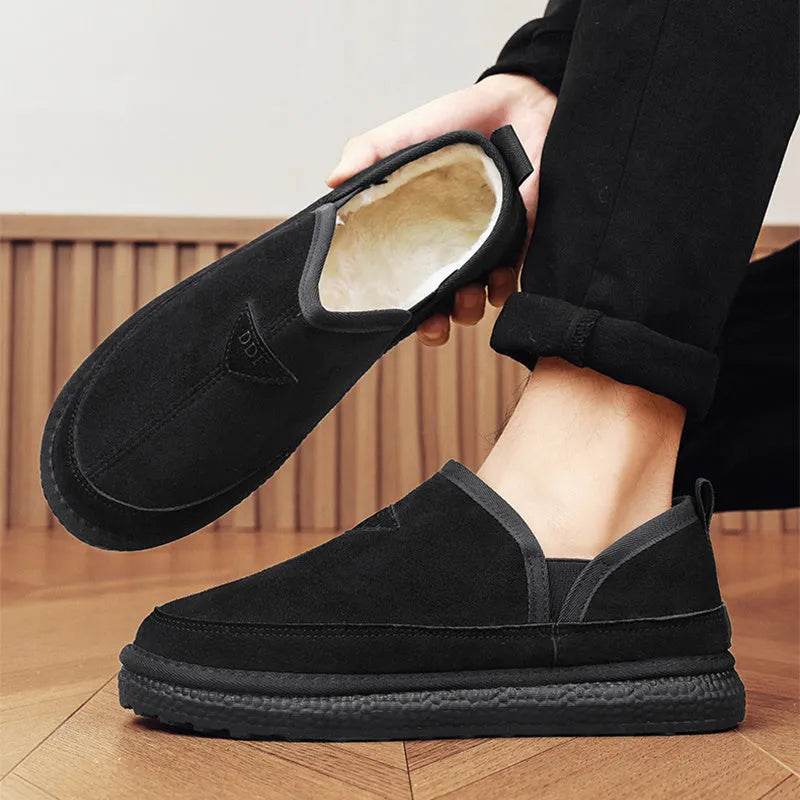 V-cut Fleece Snow Boots Winter Warm Round-toed Suede Ankle Boot Fashion Simple Non-slip Flat Cotton Shoes For Men - www.Shopthatapp.com