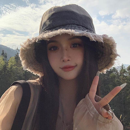 Summer Denim Bucket Hat for women Distressed Sun-proof Face-showing Small Hat