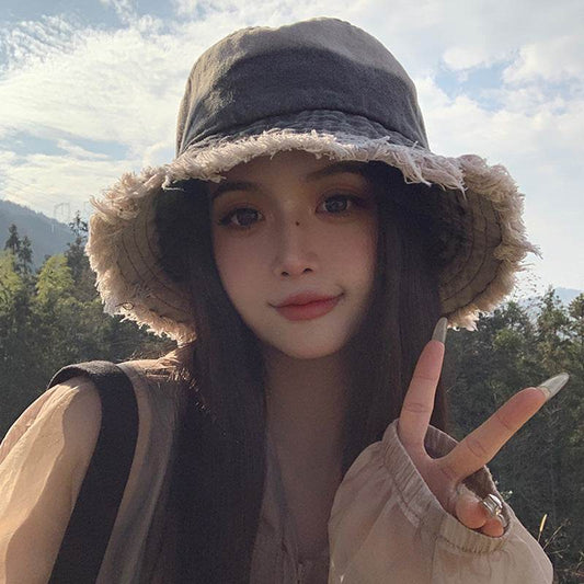 Summer Denim Bucket Hat for women Distressed Sun-proof Face-showing Small Hat