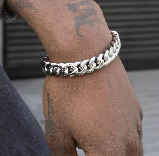 Men's Cuban Link Chain Titanium Steel Silver Bracelet - www.Shopthatapp.com