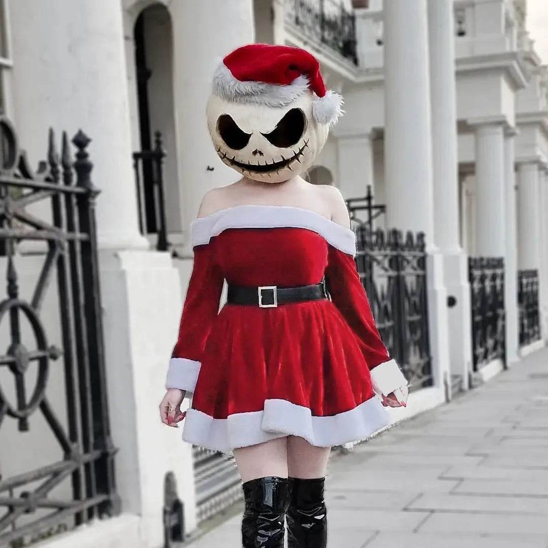 Women's Christmas Costume Santa Dress Plush Trim Boat-Neck Off-Shoulder Sleeve Dress New Year Party Cosplay Costume - www.Shopthatapp.com
