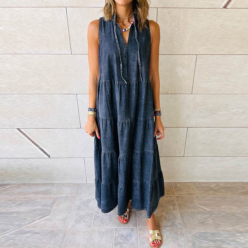 Women's Sleeveless Denim Fashion Retro High Waist Layered Dress - www.Shopthatapp.com