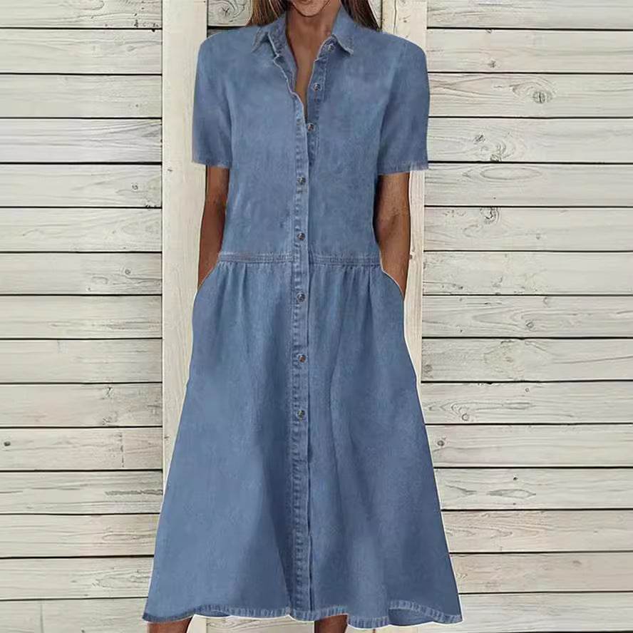 Women's European And American Lapel Casual loose button down Midi Denim jeans Mum Dress - www.Shopthatapp.com