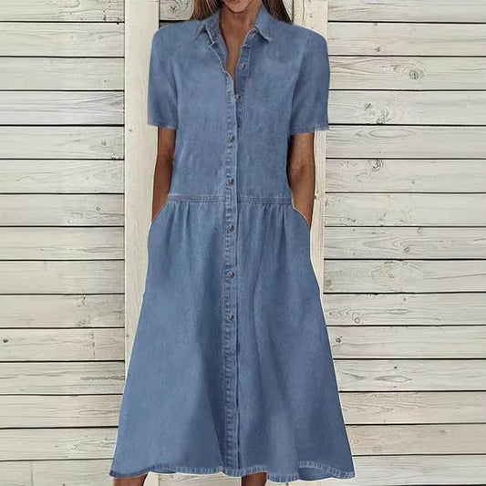 Women's European And American Lapel Casual loose button down Midi Denim jeans Mum Dress - www.Shopthatapp.com