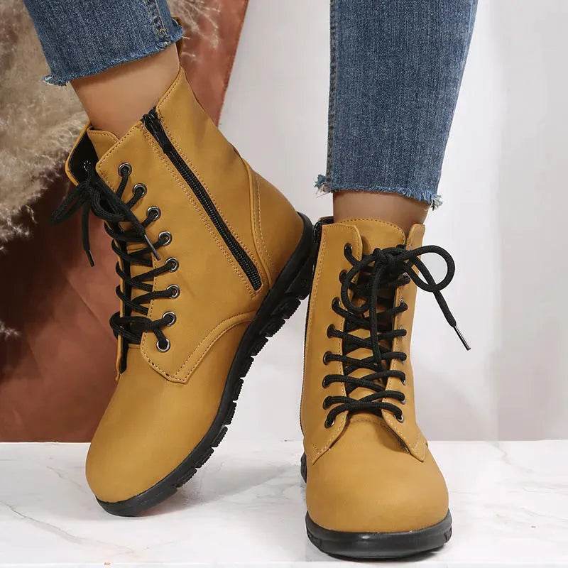 Round Toe Martin Shoes Mid-calf Length Large Size Leather Boots - www.Shopthatapp.com