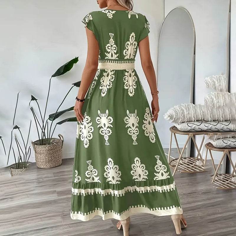 Women's Summer Flowy Maxi Dress Casual Cap Sleeve V Neck Smocked Waist Beach Sundress - www.Shopthatapp.com