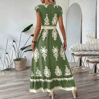 Women's Summer Flowy Maxi Dress Casual Cap Sleeve V Neck Smocked Waist Beach Sundress - www.Shopthatapp.com