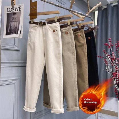 Plus Size Women's High Waist Denim Thick Trousers - www.Shopthatapp.com
