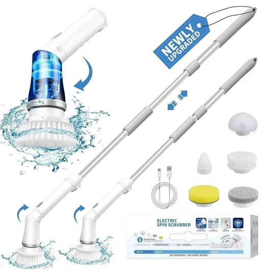 Electric Spin Scrubber, Bathroom Cleaning Brush, With 5 Replacement Heads, Brush With Long Handle For Kitchen, Bathtub, Floor, Toilet, - www.Shopthatapp.com