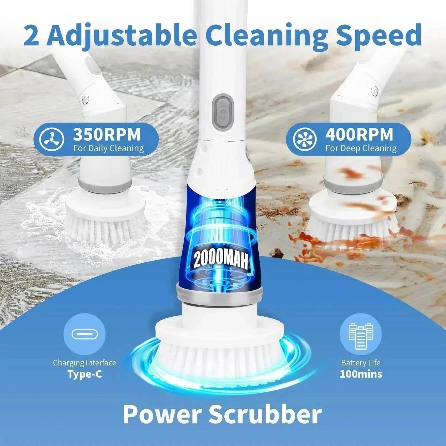 Electric Spin Scrubber, Bathroom Cleaning Brush, With 5 Replacement Heads, Brush With Long Handle For Kitchen, Bathtub, Floor, Toilet, - www.Shopthatapp.com