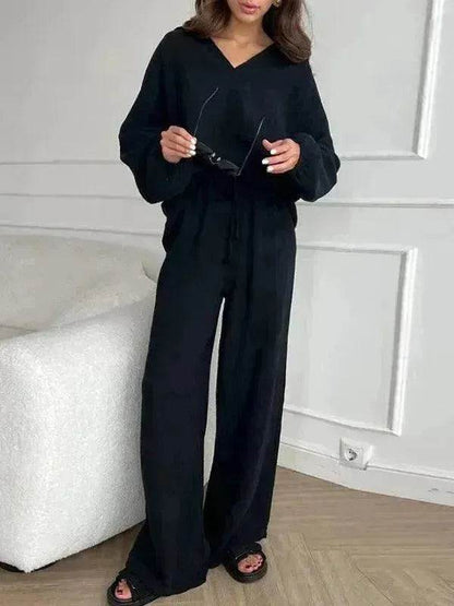 Elegant Women Casual Loose Outfit Female Long Sleeve Top Drawstring Trousers - www.Shopthatapp.com