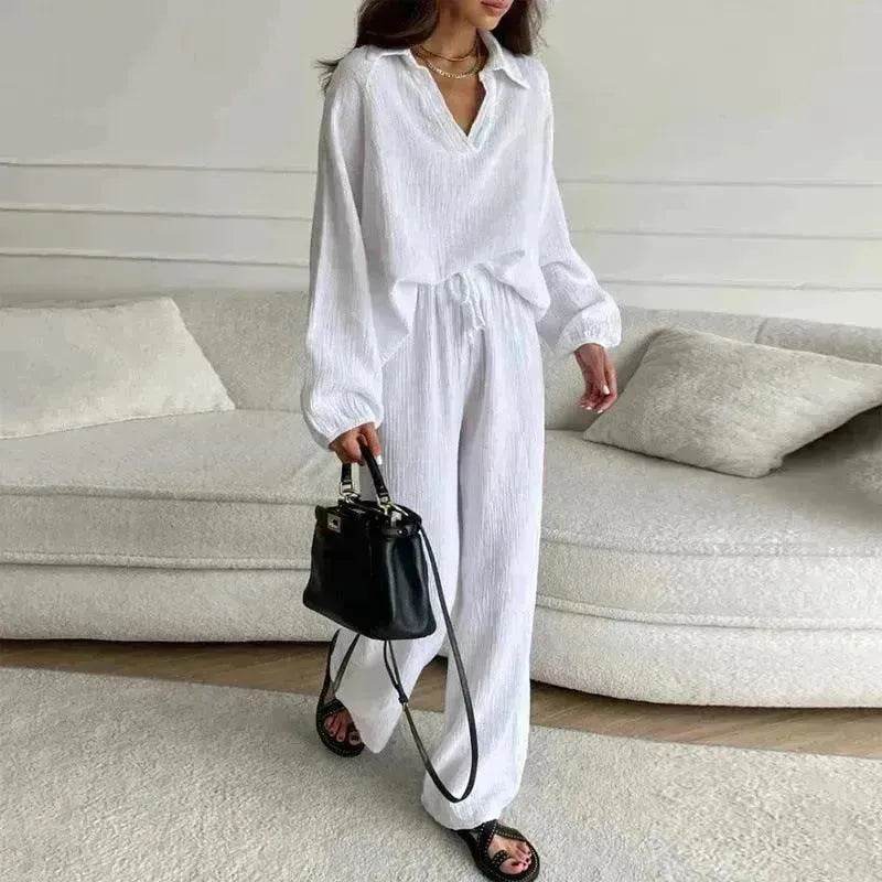 Elegant Women Casual Loose Outfit Female Long Sleeve Top Drawstring Trousers - www.Shopthatapp.com