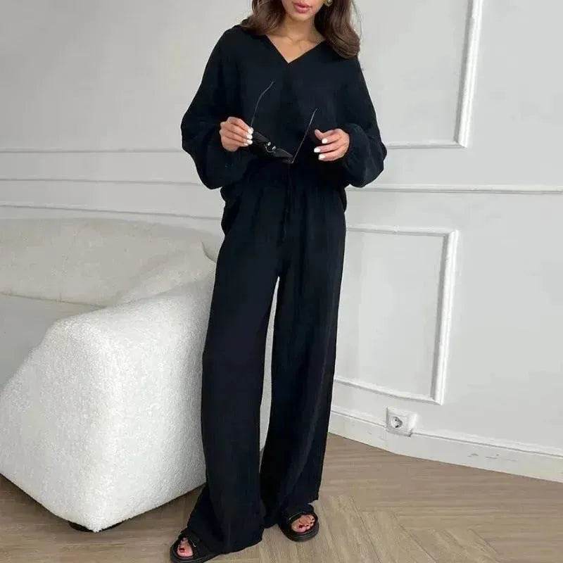 Elegant Women Casual Loose Outfit Female Long Sleeve Top Drawstring Trousers - www.Shopthatapp.com