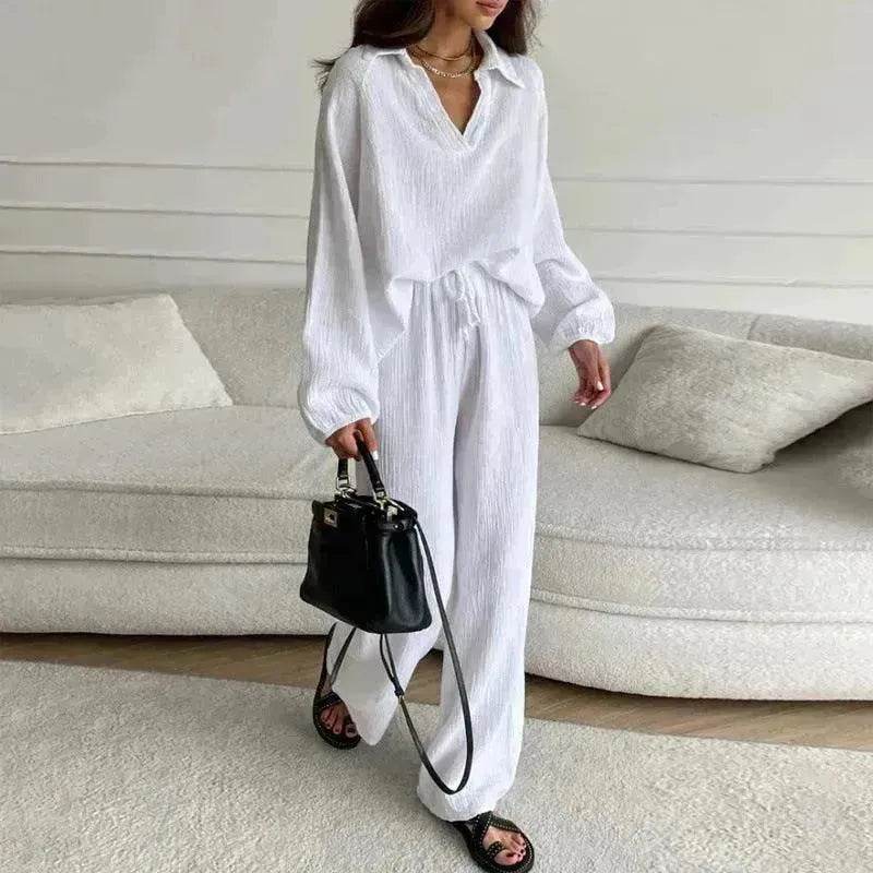 Elegant Women Casual Loose Outfit Female Long Sleeve Top Drawstring Trousers - www.Shopthatapp.com