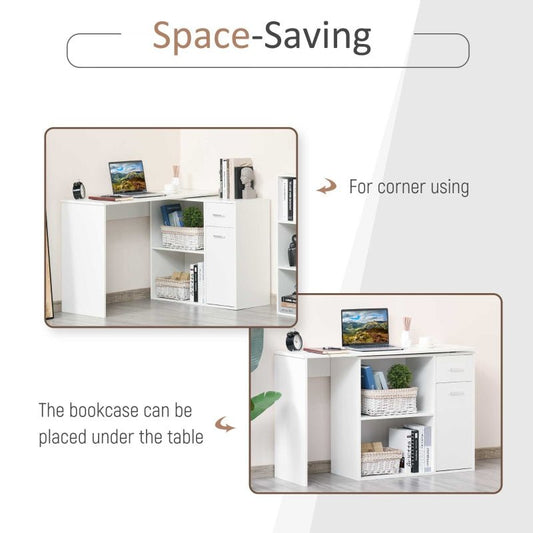 L-Shaped Desk Computer Corner Desk, Adjustable Dining Table with Storage Shelf and Drawer, Workstation for Home Office, White - www.Shopthatapp.com