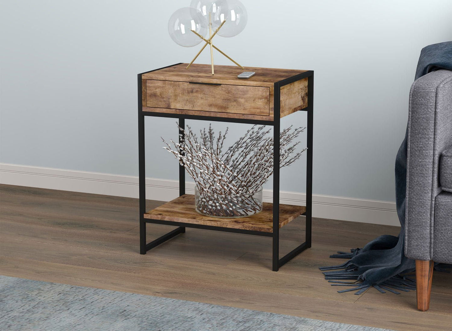 End Accent Table Brown Reclaimed Wood 1 Drawer 1 Shelf Black Metal - www.Shopthatapp.com