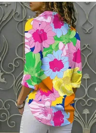 European And American Digital Printed Flowers Lapel Single Breasted Long-sleeved Shirt - www.Shopthatapp.com