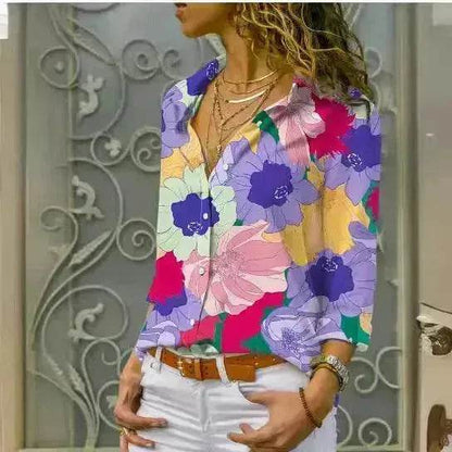 European And American Digital Printed Flowers Lapel Single Breasted Long-sleeved Shirt - www.Shopthatapp.com