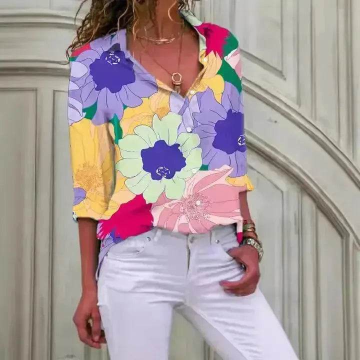 European And American Digital Printed Flowers Lapel Single Breasted Long-sleeved Shirt - www.Shopthatapp.com