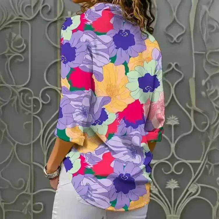 European And American Digital Printed Flowers Lapel Single Breasted Long-sleeved Shirt - www.Shopthatapp.com