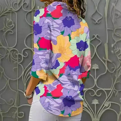 European And American Digital Printed Flowers Lapel Single Breasted Long-sleeved Shirt - www.Shopthatapp.com