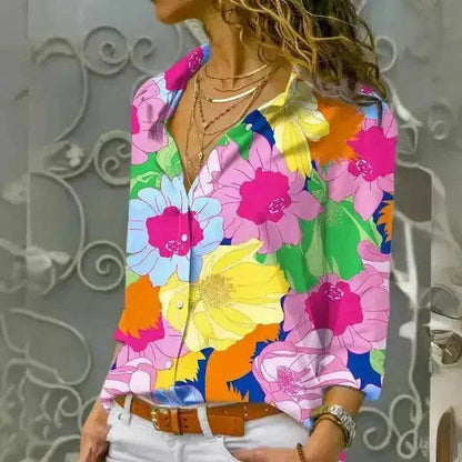 European And American Digital Printed Flowers Lapel Single Breasted Long-sleeved Shirt - www.Shopthatapp.com