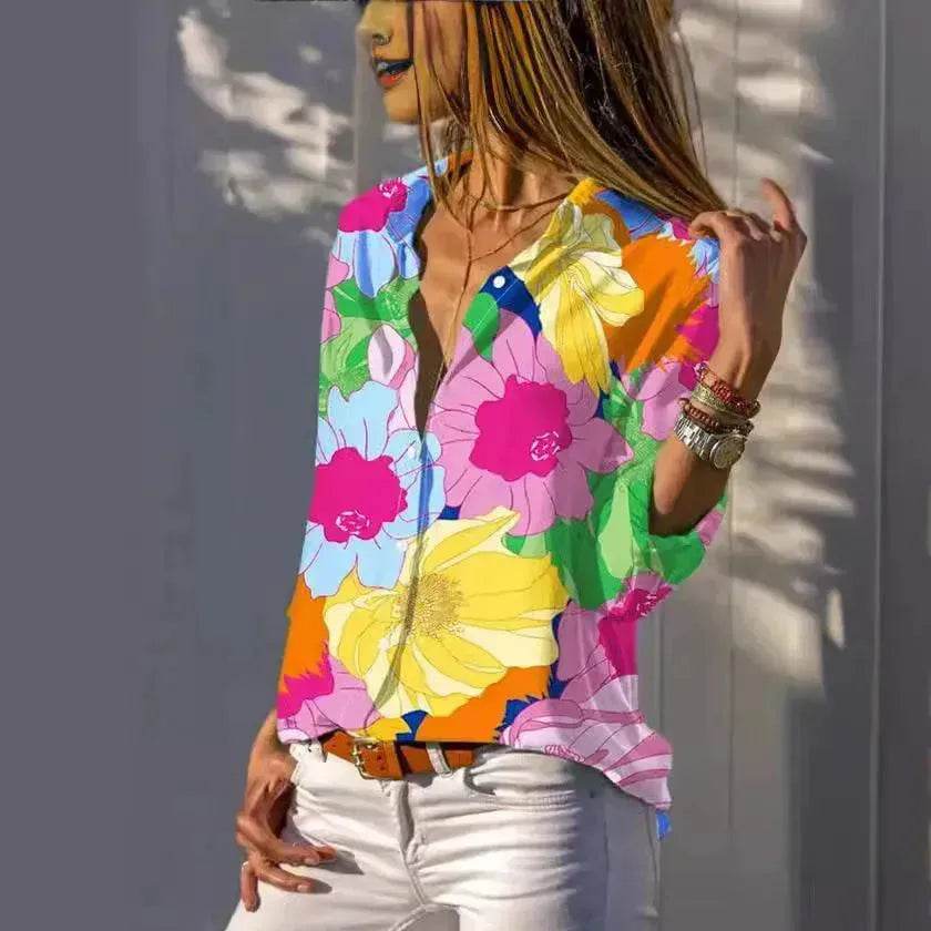 European And American Digital Printed Flowers Lapel Single Breasted Long-sleeved Shirt - www.Shopthatapp.com