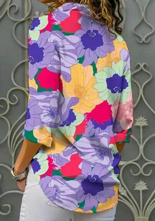 European And American Digital Printed Flowers Lapel Single Breasted Long-sleeved Shirt - www.Shopthatapp.com