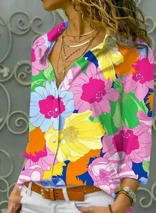 European And American Digital Printed Flowers Lapel Single Breasted Long-sleeved Shirt - www.Shopthatapp.com