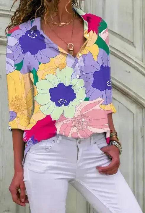 European And American Digital Printed Flowers Lapel Single Breasted Long-sleeved Shirt - www.Shopthatapp.com