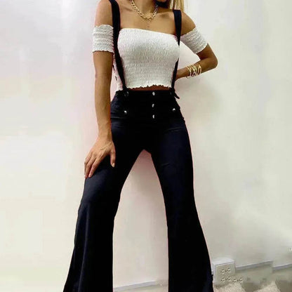 European And American High Waist Strap Casual Flared Jeans Pants - www.Shopthatapp.com