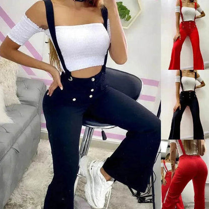 European And American High Waist Strap Casual Flared Jeans Pants - www.Shopthatapp.com