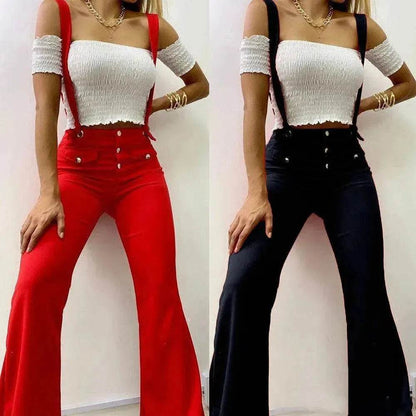European And American High Waist Strap Casual Flared Jeans Pants - www.Shopthatapp.com