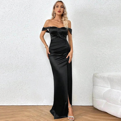 European And American Shoulder Wrap Chest High Waist Ribbon Slit Ball Gown - www.Shopthatapp.com