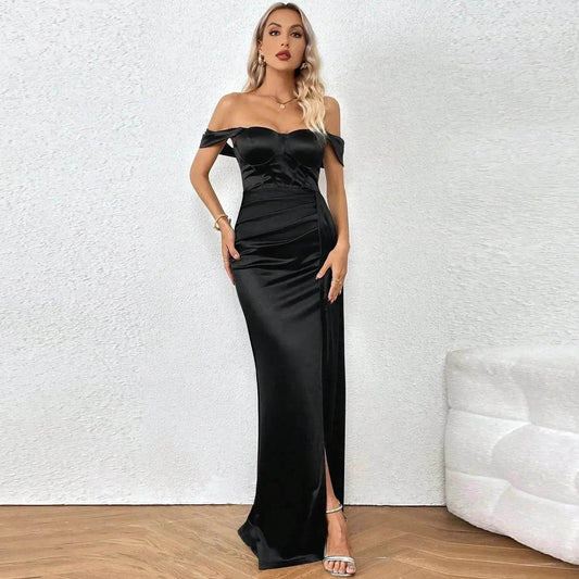 European And American Shoulder Wrap Chest High Waist Ribbon Slit Ball Gown - www.Shopthatapp.com