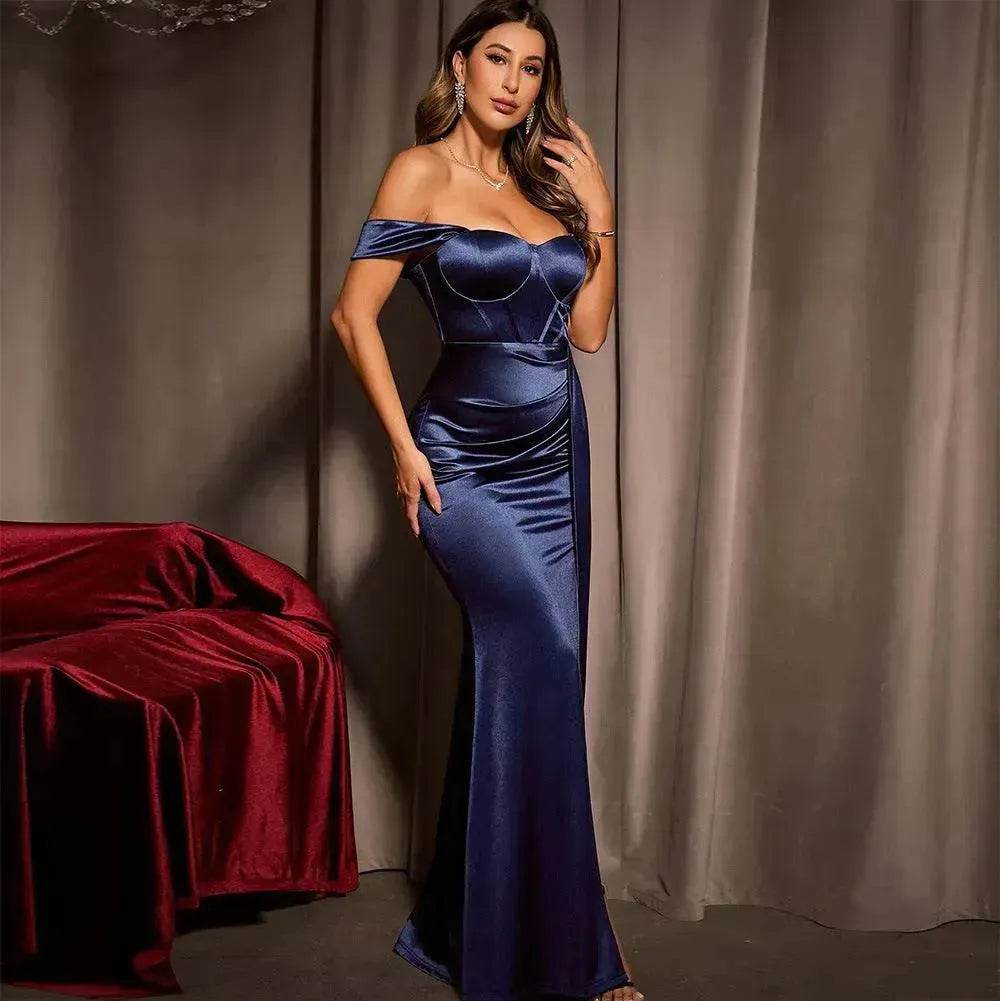 European And American Shoulder Wrap Chest High Waist Ribbon Slit Ball Gown - www.Shopthatapp.com