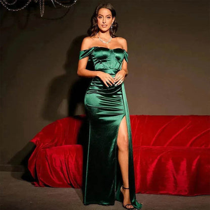 European And American Shoulder Wrap Chest High Waist Ribbon Slit Ball Gown - www.Shopthatapp.com