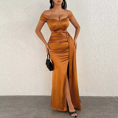 European And American Shoulder Wrap Chest High Waist Ribbon Slit Ball Gown - www.Shopthatapp.com