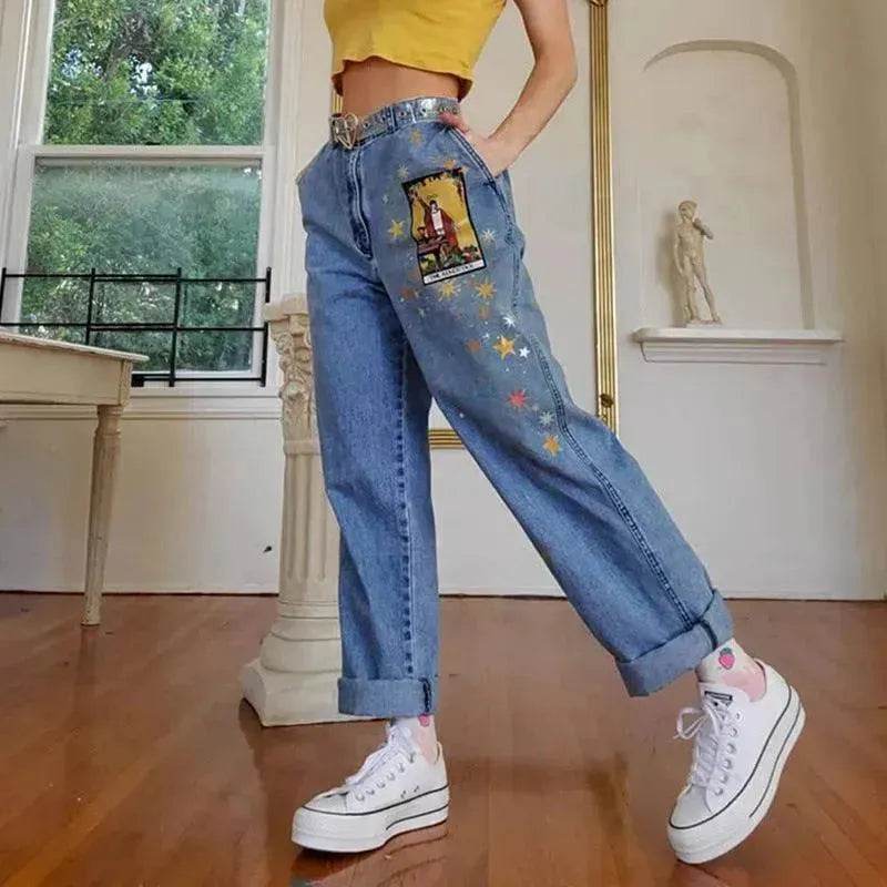 European And American Street Temperament Straight Loose Printed Denim Trousers Women - www.Shopthatapp.com