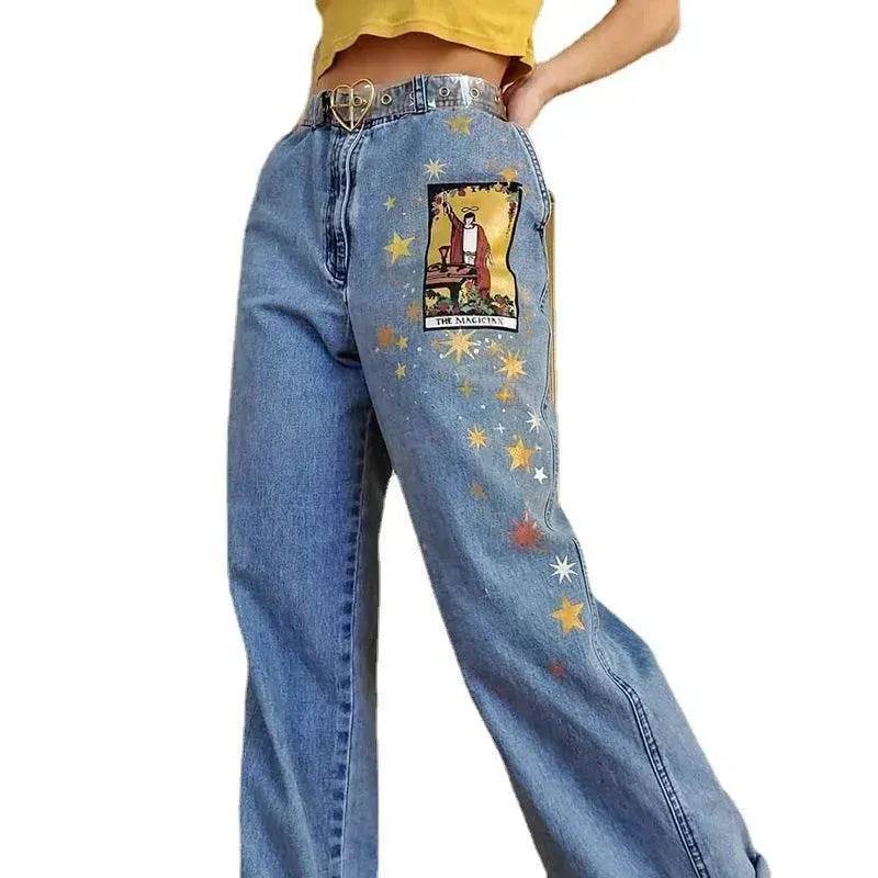 European And American Street Temperament Straight Loose Printed Denim Trousers Women - www.Shopthatapp.com