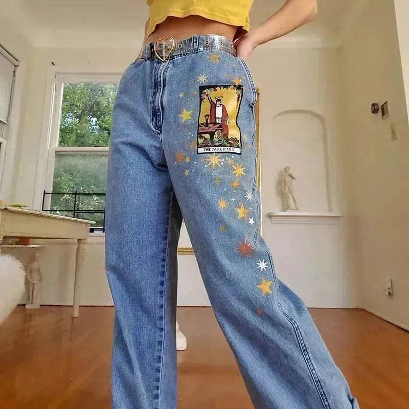 European And American Street Temperament Straight Loose Printed Denim Trousers Women - www.Shopthatapp.com