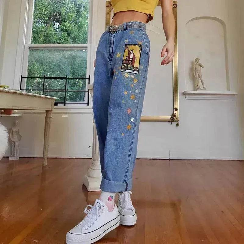 European And American Street Temperament Straight Loose Printed Denim Trousers Women - www.Shopthatapp.com