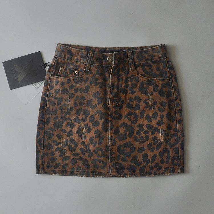 Leopard Print Mini Denim Skirt Women's High Waist Pencil Skirt - www.Shopthatapp.com