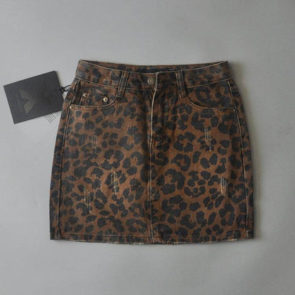 Leopard Print Mini Denim Skirt Women's High Waist Pencil Skirt - www.Shopthatapp.com