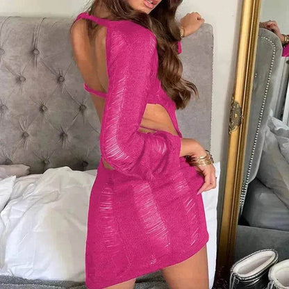 Women Fashion Slim Fit Hollow Long Sleeve Dress Y2K Charming Backless Hip-hugging Short Mini Suspender Dresses for Club Party - www.Shopthatapp.com