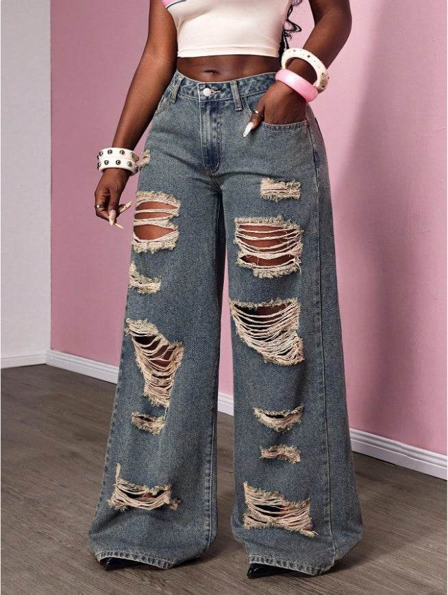 Women's Retro Distressed Kimchi Wide-leg Jeans - www.Shopthatapp.com