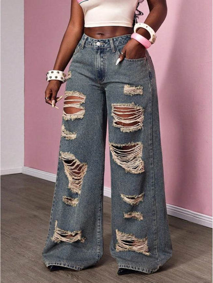 Women's Retro Distressed Kimchi Wide-leg Jeans - www.Shopthatapp.com